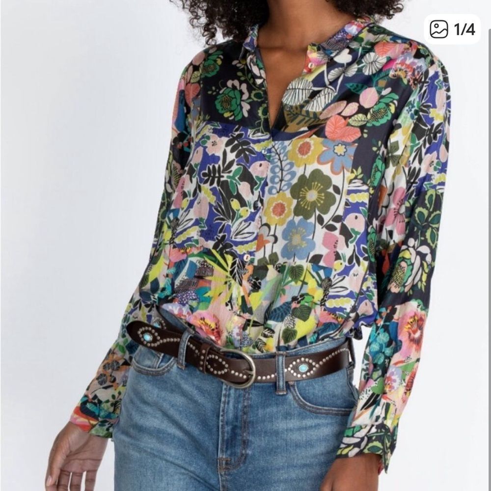 Johnny Was Chelsea Astra Floral Silk Button Roll Tab Sleeve Blouse Womens Small